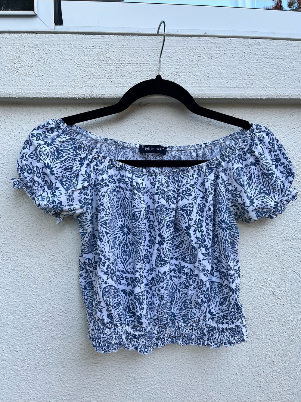 White & Navy Off-Shoulder Puff Sleeve Top